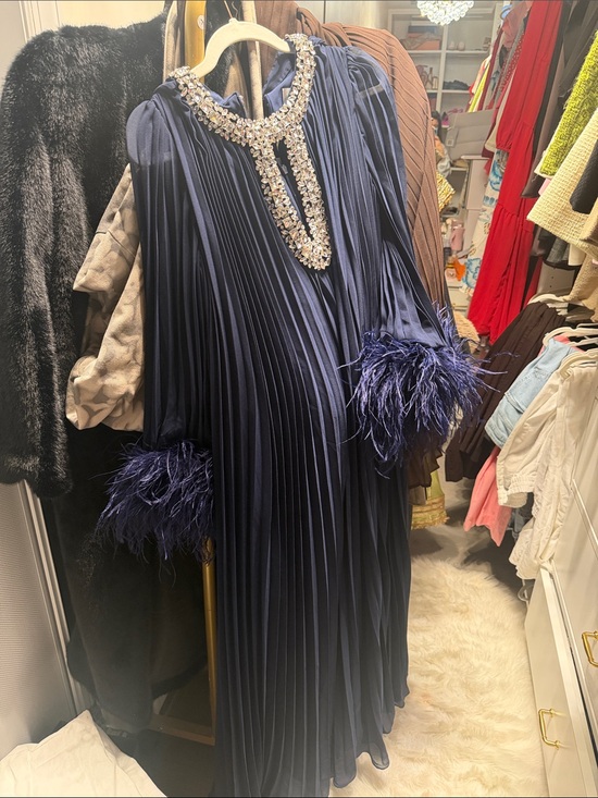 Self-Portrait Dresses & Skirts - Self-Portrait Navy Pleated Maxi Dress with Feather Cuffs & Beaded Neckline